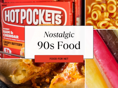 A selection of classic 90s foods, including Hot Pockets, cheerios, stuffed crust pizza, and freezer pops