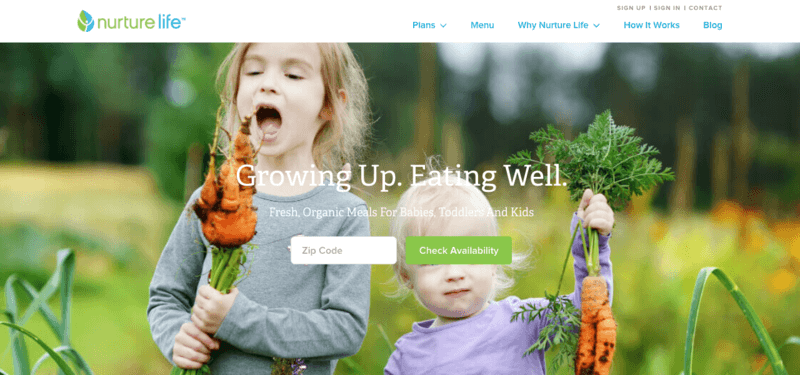 Nurture Life website screenshots showing two kids with freshly pulled carrots. 