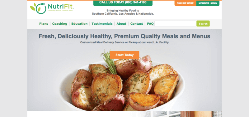 NutriFit website screenshot showing roasted potatoes in a bowl against a gray backdrop.