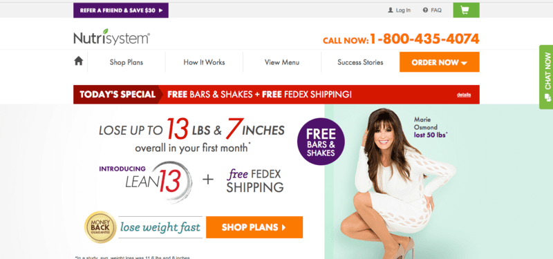 nutrisystem website screenshot showing Marie Osmond and a weight loss claim. 