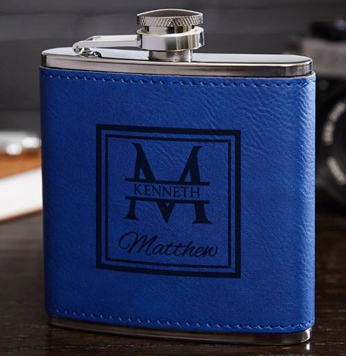Oakhill-Monogram-Cobalt-Blue-Flask | Food For Net Blue leather flask with a square and text engraved