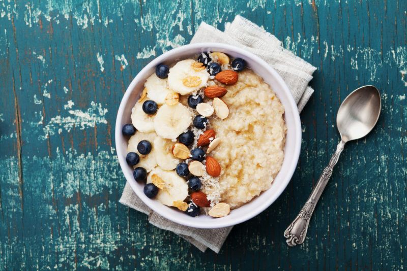 Oatmeal in a bowl with various toppings