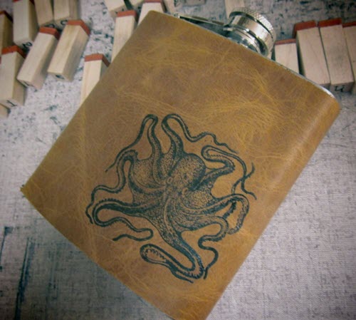 Octopus-Leather-Flask | Food For Net Light brown flask with an octopus