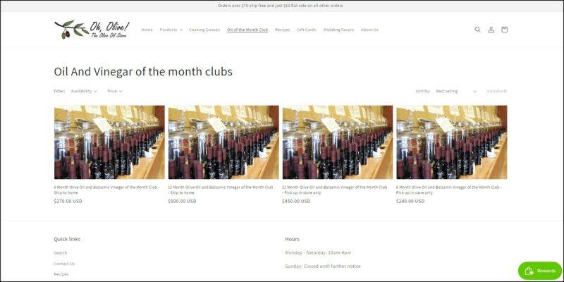 screenshot of Oh Olive's Oil And Vinegar of the Month Clubs' web page, white page with the website's name on top along with the main menu, the page is displaying the icons for the different olive oil and vinegar subscription plans