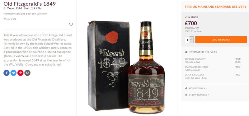 A bottle of Old Fitzgerald's 1849 whiskey with its box, pricing information and a description