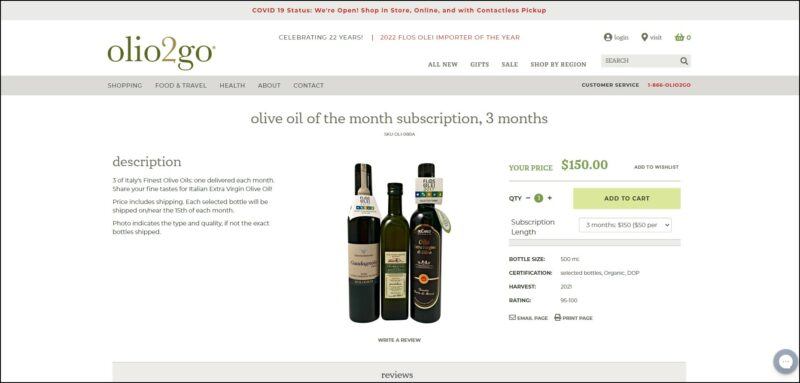 screenshot of Olio2go Olive Oil of the Month Subscription' s web page with dominantly white page with grey announcement bar, white header with the company's name and a grey bar underneath it bearing the main menu, the page displays the details of the olive oil subscription plan alongside an image of bottles of olive oil.