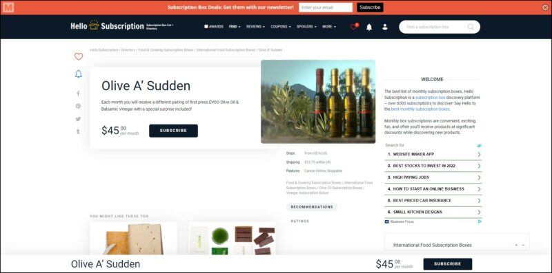 screenshot of Hello Subscription's web page, with an orange announcement bar, black header that bears the website's name and main menu, the page is displaying the Olive A’ Sudden Olive Month Club's subscription details