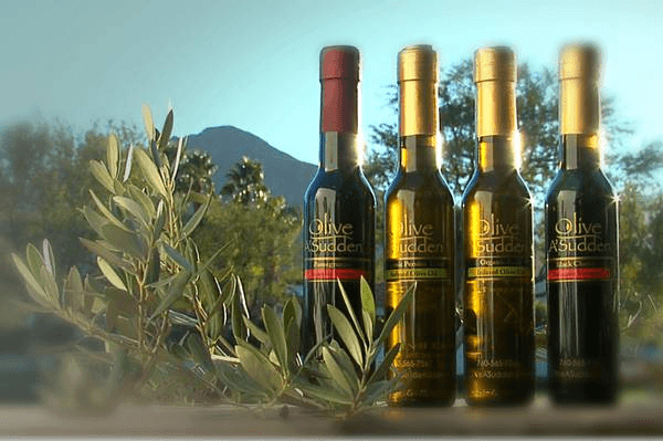 Olive A’ Sudden | Food For Net 4 bottles of olive oil in front of an olive plantation