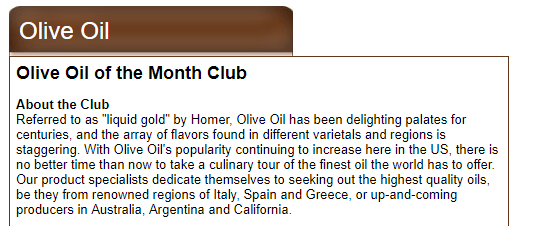 Olive Oil Of The Month Club | Food For Net Text about the olive oil program