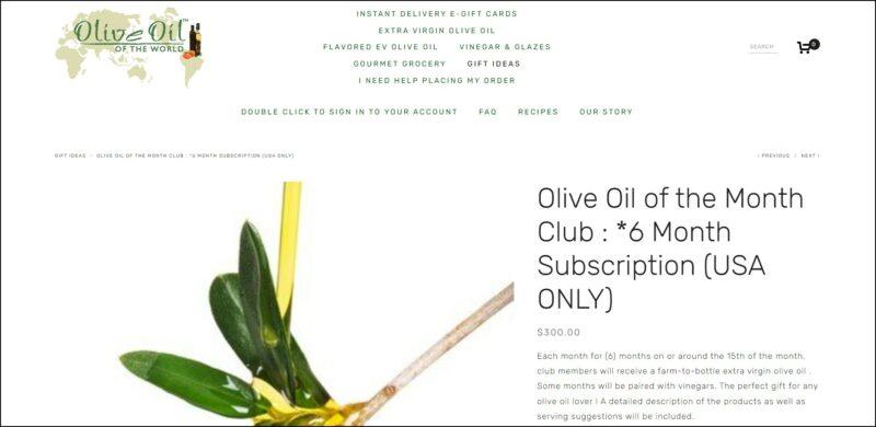 screenshot of Olive Oil of the World Olive Oil of the Month Club's web page, a dominantly white page with the website's name and logo on top along with the main menu, it also displays the details for the oil of the month club.