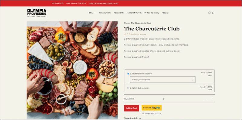 screenshot of Olympia Provisions Charcuterie Club's web page, dominantly beige-colored with a red announcement bar on top followed by the website's name and main menu, the page is showing details of the club subscription plans