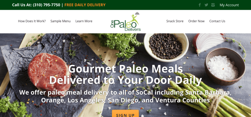 One Paleo Delivers website screenshot showin roast beef, asparagus, salt, pepper and various other ingredients. 