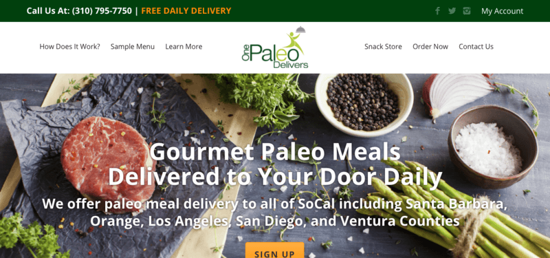 One Paleo Delivers website screenshot showing steak, pepper, salt and various other ingredients. 