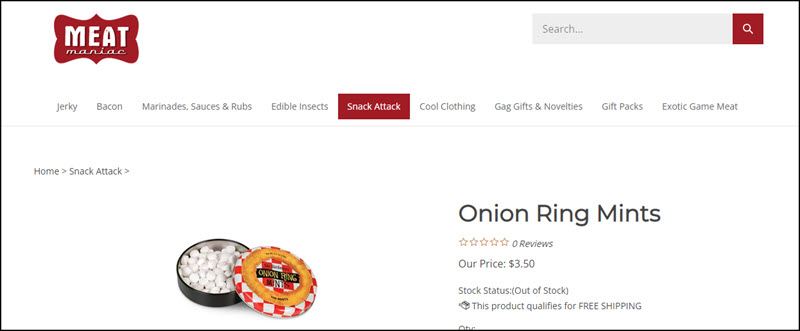 A website screenshot showing a tin of onion ring flavored mints