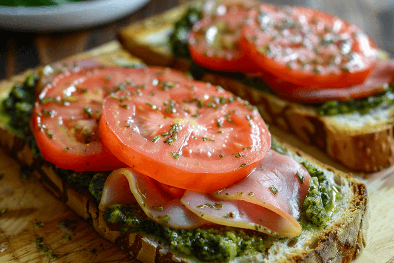 Two open faced sandwiches with pesto, ham, and fresh sliced tomatoes.