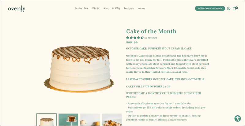 screenshot of Ovenly Cake of the Month Club's web page, dominantly light beige in color with the website's name on top along with the main menu, the main content area displays the information of the club subscription accompanied by an image of a round cake