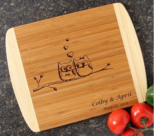 Owl-Couple-Two-Tone-Cutting-Board | Food For Net Two-tone cutting board with two owls on a branch.