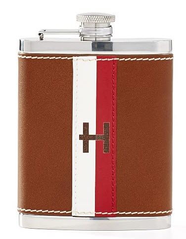 Oxford-Stripe-Leather-Flask | Food For Net A leather flask with a red and white stripe