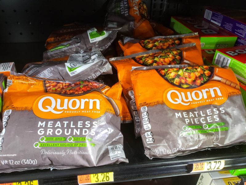 Packets of Quorn meatless grounds and meatless pieces in a grocery store