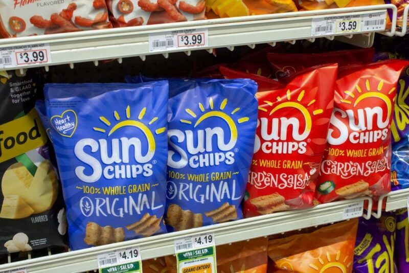 Two flavors of Sun Chips on a grocery store shelf