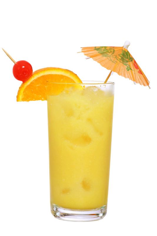 A painkiller cocktail with orange juice and ice