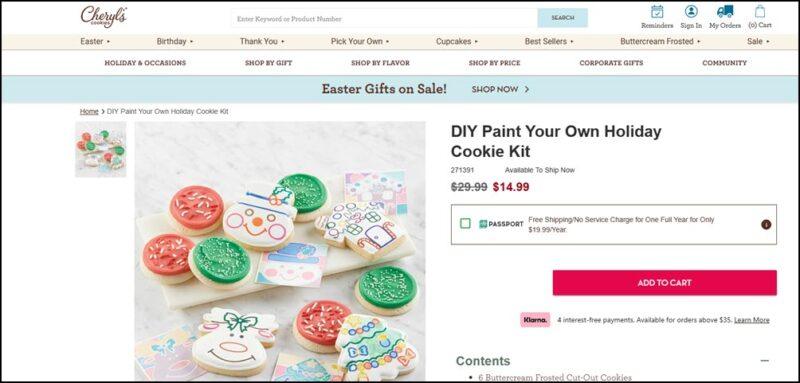 A website screenshot showing a collection of cookies from Cheryl's, including some that can be painted