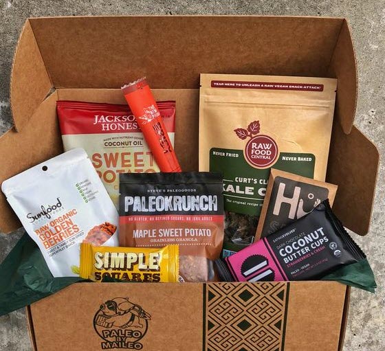 A box from Paleo by Maileo with plenty of different snacks