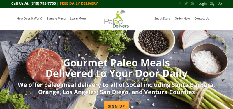 One Paleo Delivers (SoCal) Website Screenshot with beef, parsley, salt, epper, and asparagus pictured