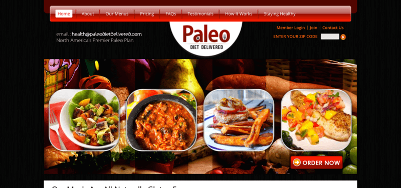 Paleo Diet Delivered Website Screenshot Showing Four Different Paleo Meals, Including a Salad and a Chicken Dish