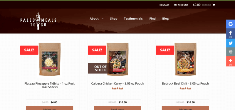 Paleo Meals to Go Website Screenshot showing various freeze-dried meals with prices