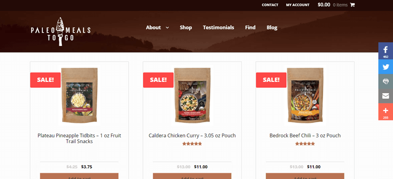 Paleo Meals to Go Website Screenshot Showing Pineapple Tidbits, Caldera Chicken Curry and Bedrock Beef Chili