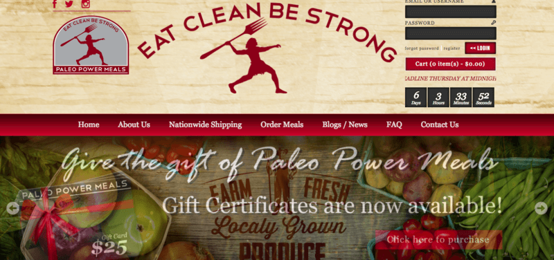 Paleo Power Meals with various fruits and vegetables, along with the 'Eat Clean Be Strong' tagline