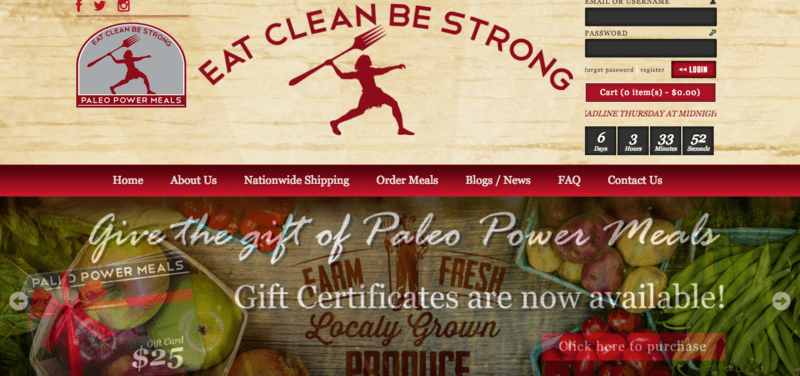 Paleo Power Meals Website Screenshot Showing Fresh Produce, along with the company's logo and 'Eat Clean Be Strong' slogan