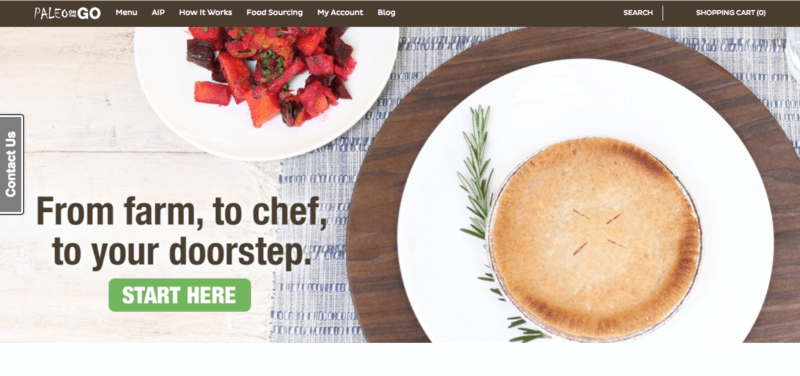 Paleo on the Go gluten free meal delivery screenshot of website showing a pot pie and a salad