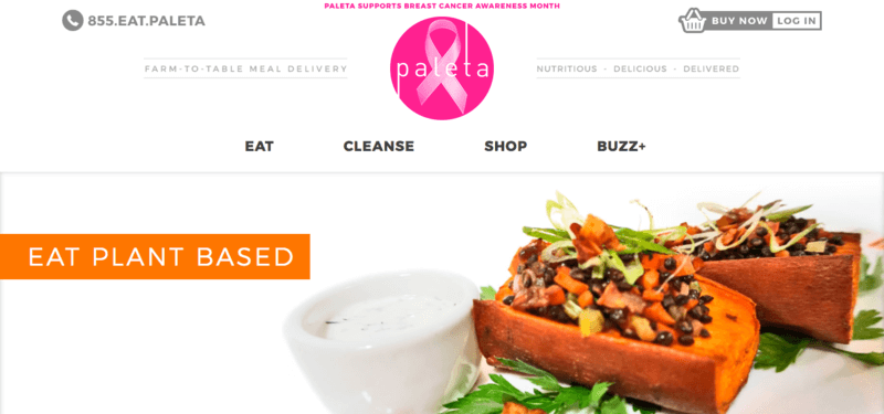 paleta meals website screenshot showing two plant-based meals with various ingredients