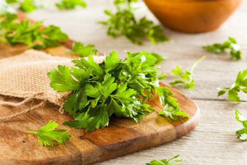 A bundle of parsley on a wooden board