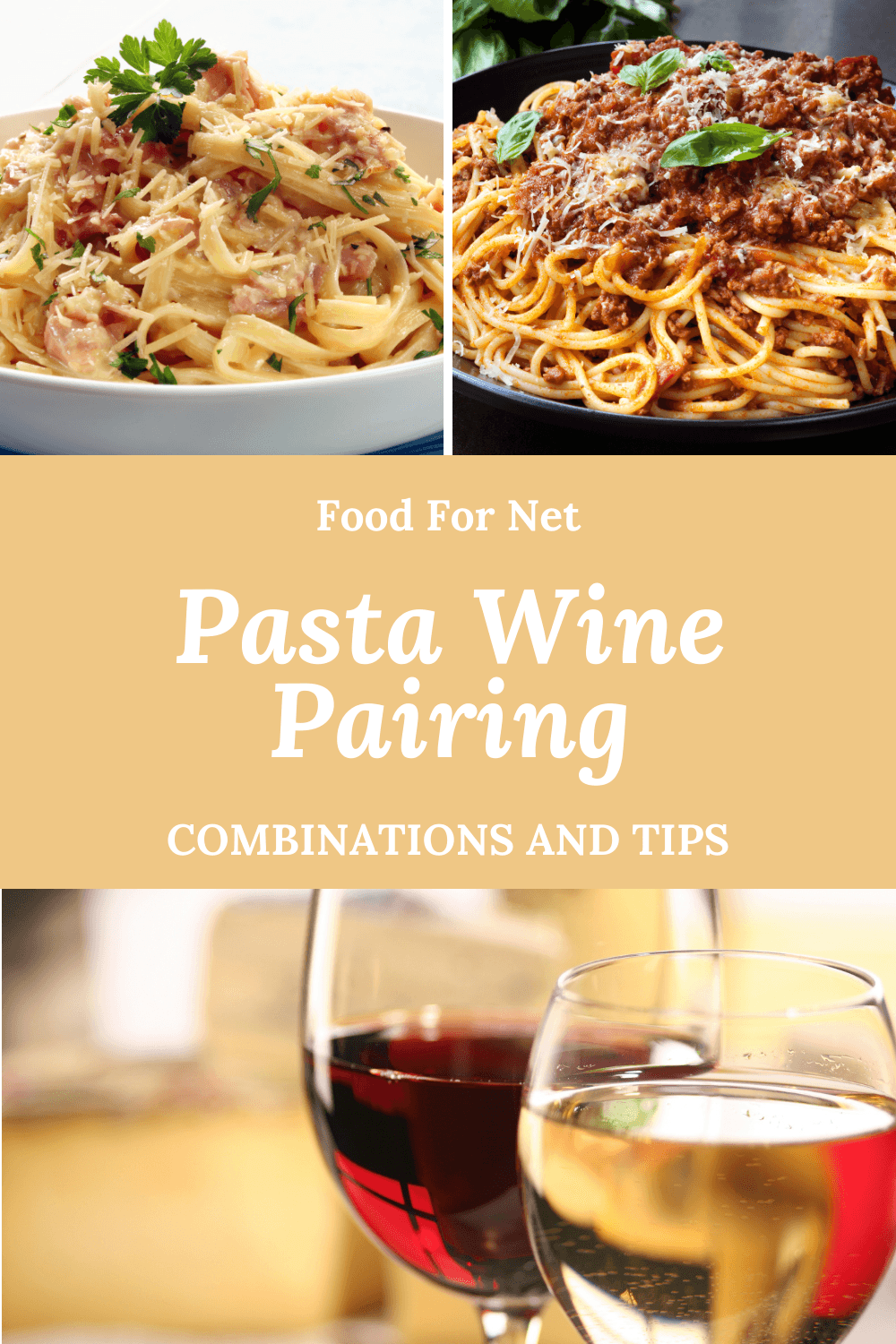 Two dishes of different types of pasta above a glass of red wine and a glass of white wine for pasta wine pairing