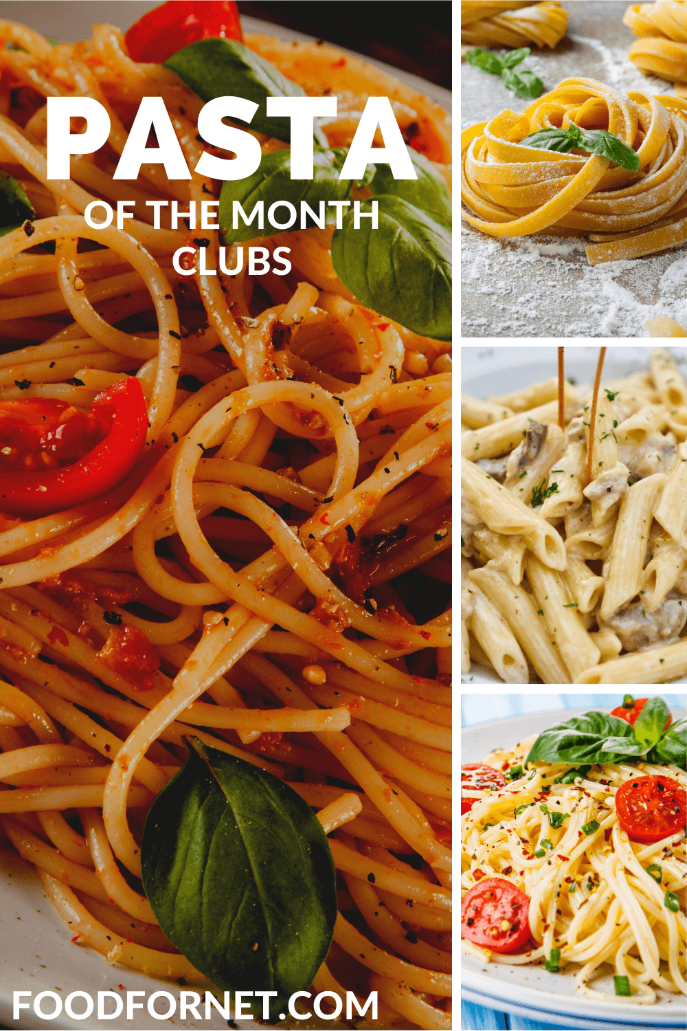 Four white plates containing different types of pasta meals