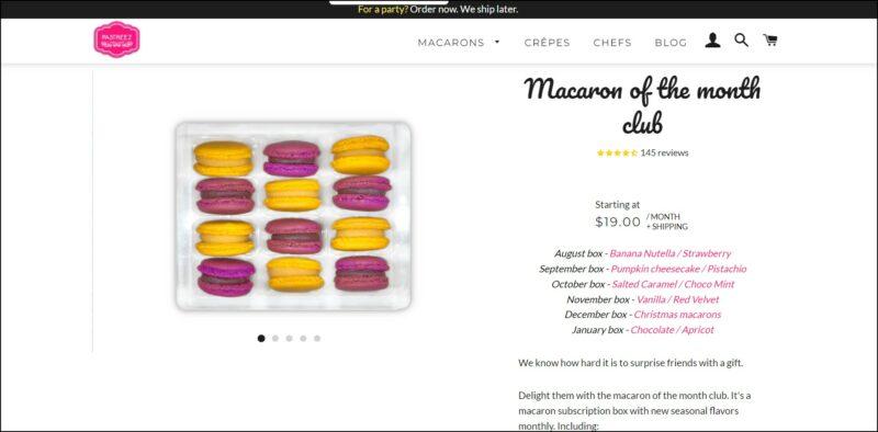 Pastreez Macaron of the Month Club | Food For Net screenshot of Pastreez Macaron of the Month Club's web page, with white header bearing the website's logo and main menu, the page is displays the subscription option with a top view image of a plastic tray containing magenta and bright yellow macarons