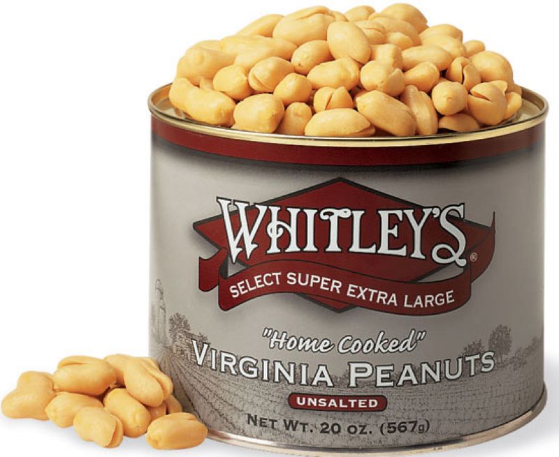 Open Canister of Whitley's Select Super Extra Large - Home Cooked - Virginia Peanuts unsalted.  Small pile of peanuts leaning at the base of the canister
