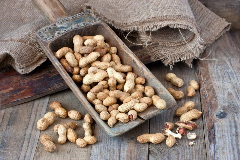 A tray of peanuts in their shells, with more scattered on the table