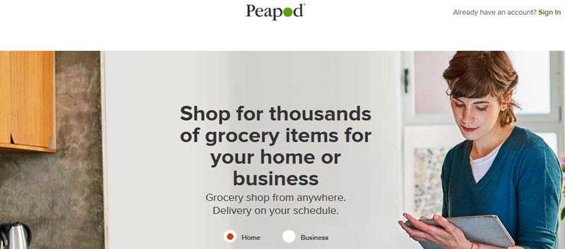 Peapod Website Screenshot with a young woman using her tablet or phone