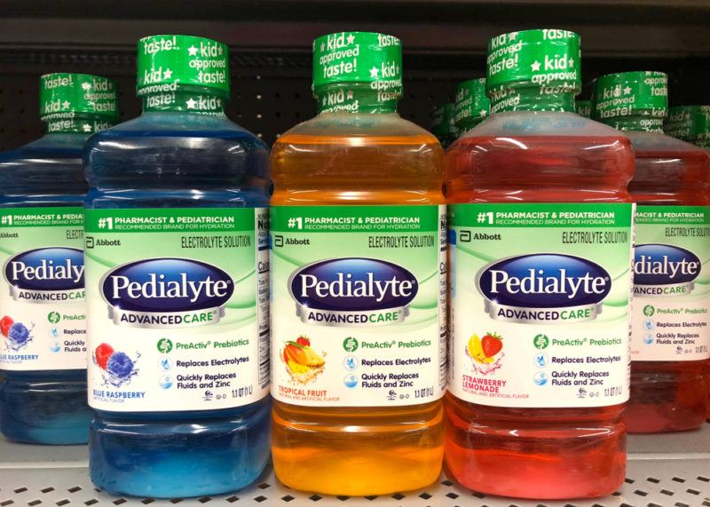 Various types of Pedialyte electrolyte drink