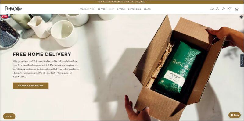 screenshot of Peet's Coffee's web page, with a gold announcement bar on top followed by the website's name and main menu, the page displays information about the the coffee subscription over a banner image of a bag of coffee in a brown box