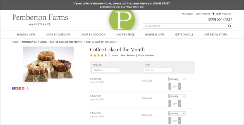 screenshot of Pemberton Farms Coffee Cake of the Month's web page that is mainly off white in color, the website's name and logo is on top along with contact info and search bar, followed by the main navigation menu, the main content area is showing the information regarding the coffee cake subscription accompanied by an image of coffee cakes