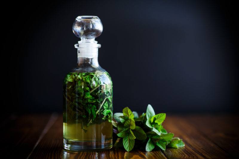 A bottle of peppermint syrup and some peppermint leaves against a dark background