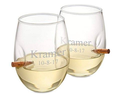 Personalized Bulletproof Wine Glasses | Food For Net Two glasses with white wine, text and embedded bullets.