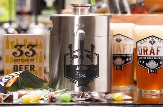 A personalized beer growler, two glasses of draft beer, brew candy and a book. 