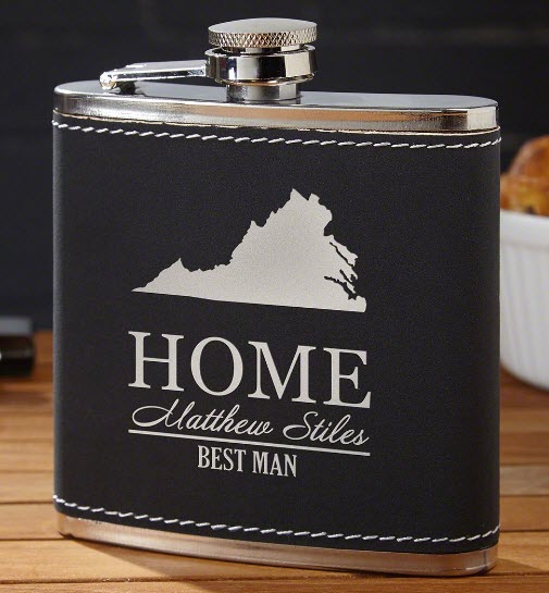 Personalized Home State Flask | Food For Net Black leather flask with a state image and text.