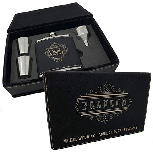 Personalized-Leatherette-Flask-Set | Food For Net Engraved flask in a black box with a customized lid